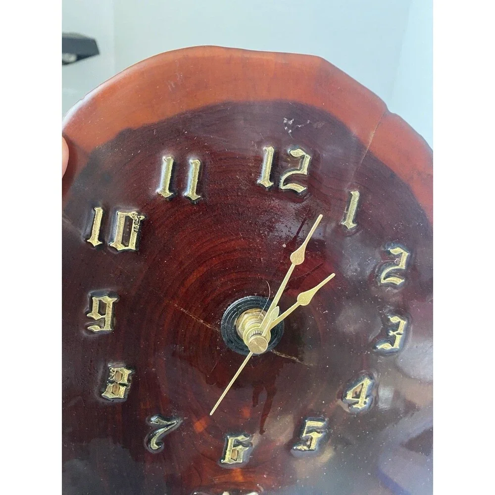 Vtg Hand Made Wood Slab Live Edge quarts wall  Clock w Train  Railroad Crossing